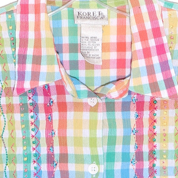 80s 90s PASTEL checkered BLOUSE rainbow plaid str… - image 3