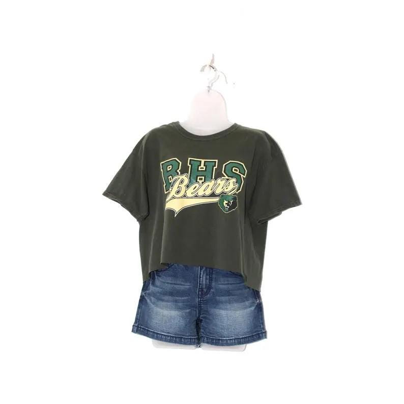 Vintage Y2K RHS Bears Crop Tee – Forest Green Raw Hem – Cheer Grunge Style