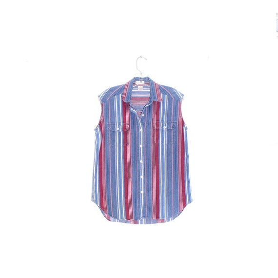 Sleeveless STRIPED SHIRT Button Down Blouse Spring Summer