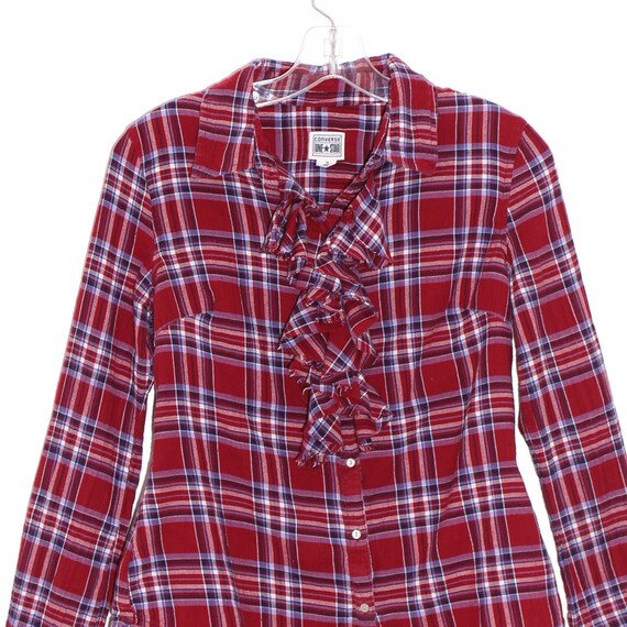 vintage CONVERSE shirt plaid blouse with ruffle trim ascot collar womens blouse button down dress shirt fall winter holiday shirt 90s y2k