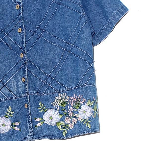 90s DENIM BLOUSE floral embroidered spring flower… - image 3