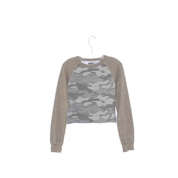 CAMO Thermal CROP TOP Adorable Camouflage Tshirt Upcycled Reworked
