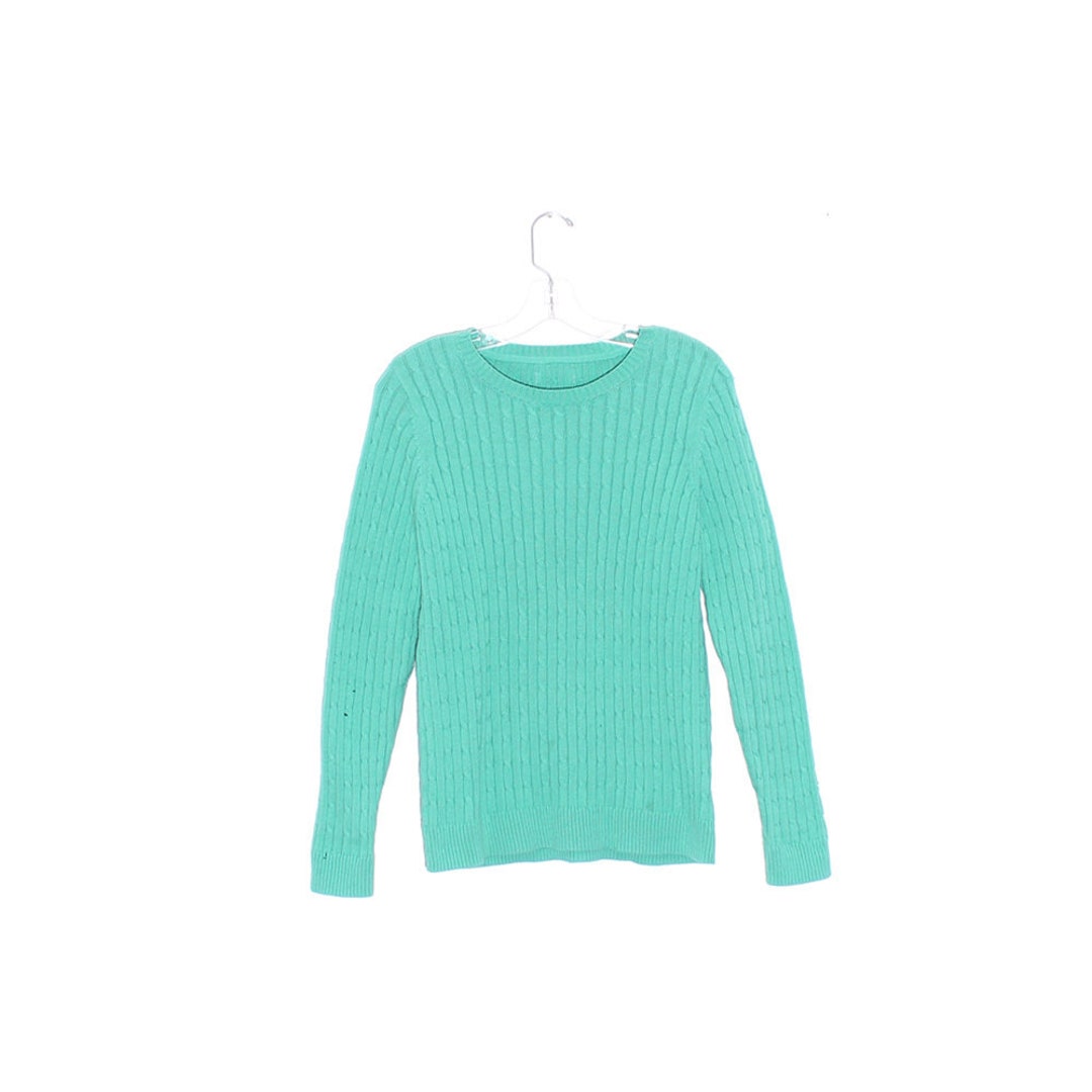 Sea Green Trendy Pattern Knit Ribbed Cuffs Crew Neck Sweater main image 0
