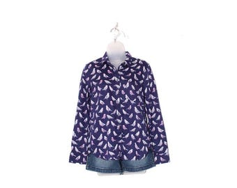 Vintage 90s Bird Print Blouse – Navy Purple White Button Front – Cottagecore Retro Top