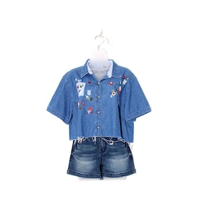 COTTAGE CORE denim shirt dream GARDEN scape embroidered blouse 80s 90s denim shirt crop top womens cropped tunic pastel spring springtime