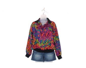 Vintage 80s Abstract Floral Blouse – Multicolor Satin Feel – Bold Retro Statement Top