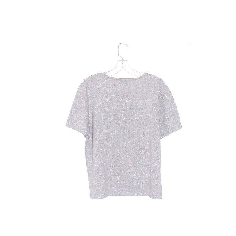 boho knit shirt BEADED BUTTON NECKLINE silver metallic knit sweater tee tshirt t shirt short sleeve knit shirt womens shirt wearable art top