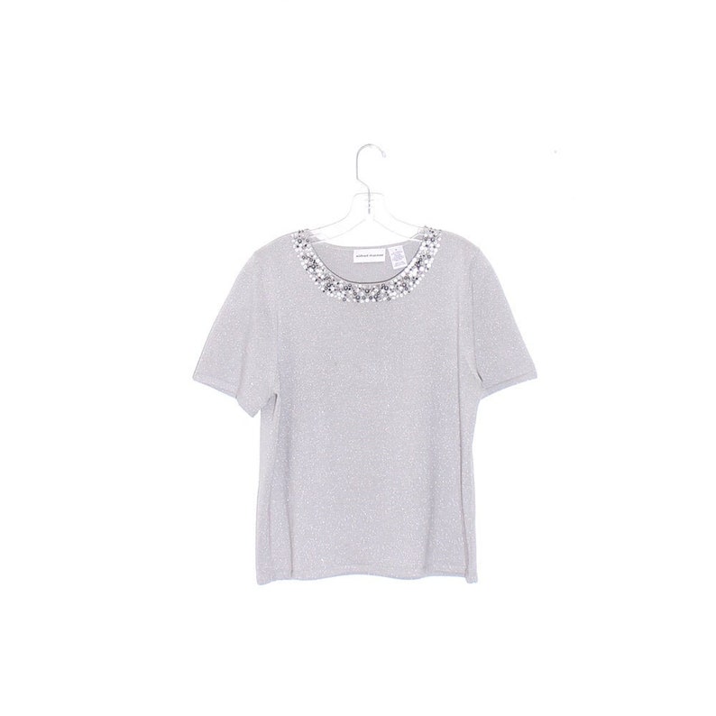 boho knit shirt BEADED BUTTON NECKLINE silver metallic knit sweater tee tshirt t shirt short sleeve knit shirt womens shirt wearable art top