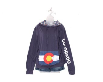 Vintage 2000s Colorado Long Sleeve Hoodie Shirt – Navy Graphic Flag Pullover – Y2K Outdoors Style