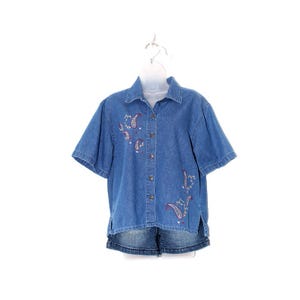Vintage 90s Denim Paisley Shirt – Medium Wash Button Up – Grunge Western Top