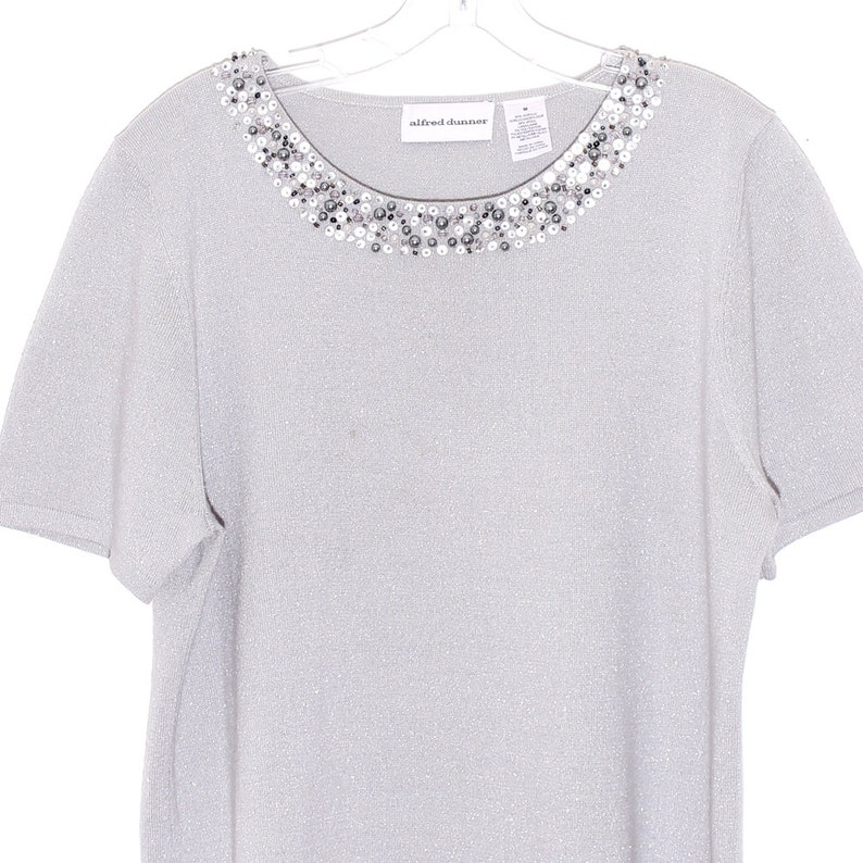 boho knit shirt BEADED BUTTON NECKLINE silver metallic knit sweater tee tshirt t shirt short sleeve knit shirt womens shirt wearable art top