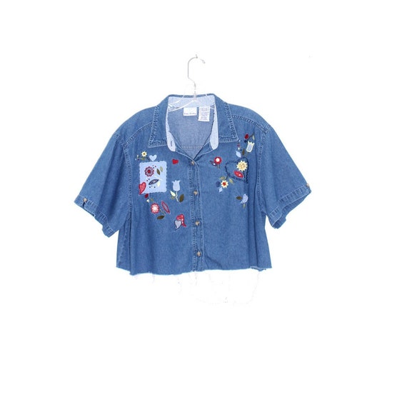 90s DENIM SHIRT Cottage Core Blouse Crop Top FLOWER Heart