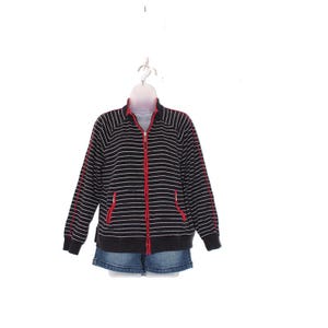 Vintage Y2K Striped Zip Up Jacket – Black White Red Trim – Casual Streetwear Top