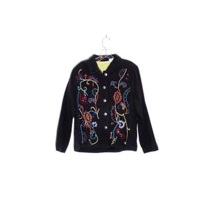 black jean jacket PAISLEY FLORAL EMBROIDERED cotton denim jacket coat hippie boho festival clothing southwest western shirt wearable art
