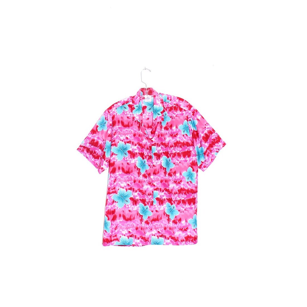 80s 90s Vintage HAWAIIAN Shirt PINK Blue TURQUOISE Tropical