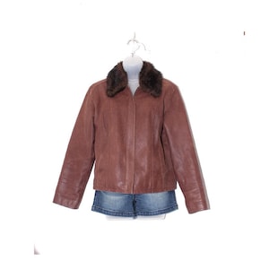 90s BROWN LEATHER JACKET Genuine Brown Leather Jacket  faux Fur Collar y2k vintage coat festival moto boho western