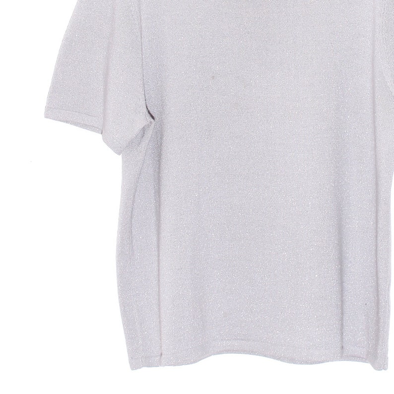 boho knit shirt BEADED BUTTON NECKLINE silver metallic knit sweater tee tshirt t shirt short sleeve knit shirt womens shirt wearable art top