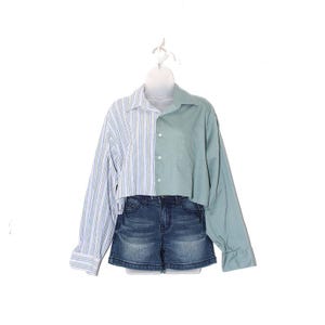Vintage Y2K Split Crop Button Up Shirt – Blue Stripe and Sage Colorblock Top – Grunge Streetwear Trend