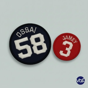 May include: Two embroidered patches. One is navy blue with the text "OSSA/58" in white. The other is red with the text "JAMEY 3" in white. Both patches are circular and have a stitched border.