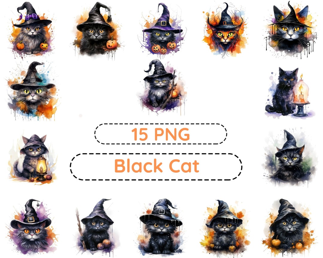 15 Watercolor Halloween Black Cat Png Clipart Bundle, Halloween Set Png ...