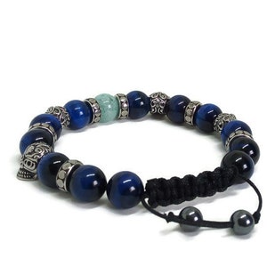 Blue Tiger Eye Bracelet - Bead Skull Bracelet, Punk Jewellery