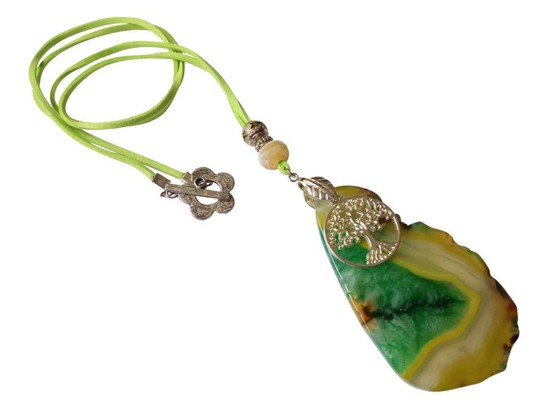 Green Stone Pendant Raw Quartz Natural Agate Slice Necklace