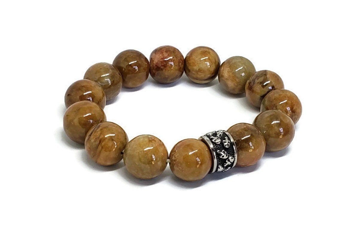 Jade Bracelet Brown Jade Bracelet 14mm Gemstone Beads Boho Etsy