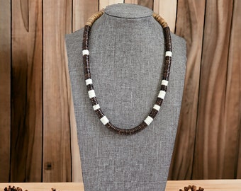 Ocean Breeze Elegance: Surfer's Paradise - Puka Sea Shell and Brown Coconut Beads Beach Necklace