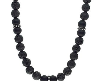 Natural Lava Stone Round Beaded Necklace Available in 8 mm 10 mm, Black Lava Beaded Necklace Men's,  Matte Black Onyx and Lava