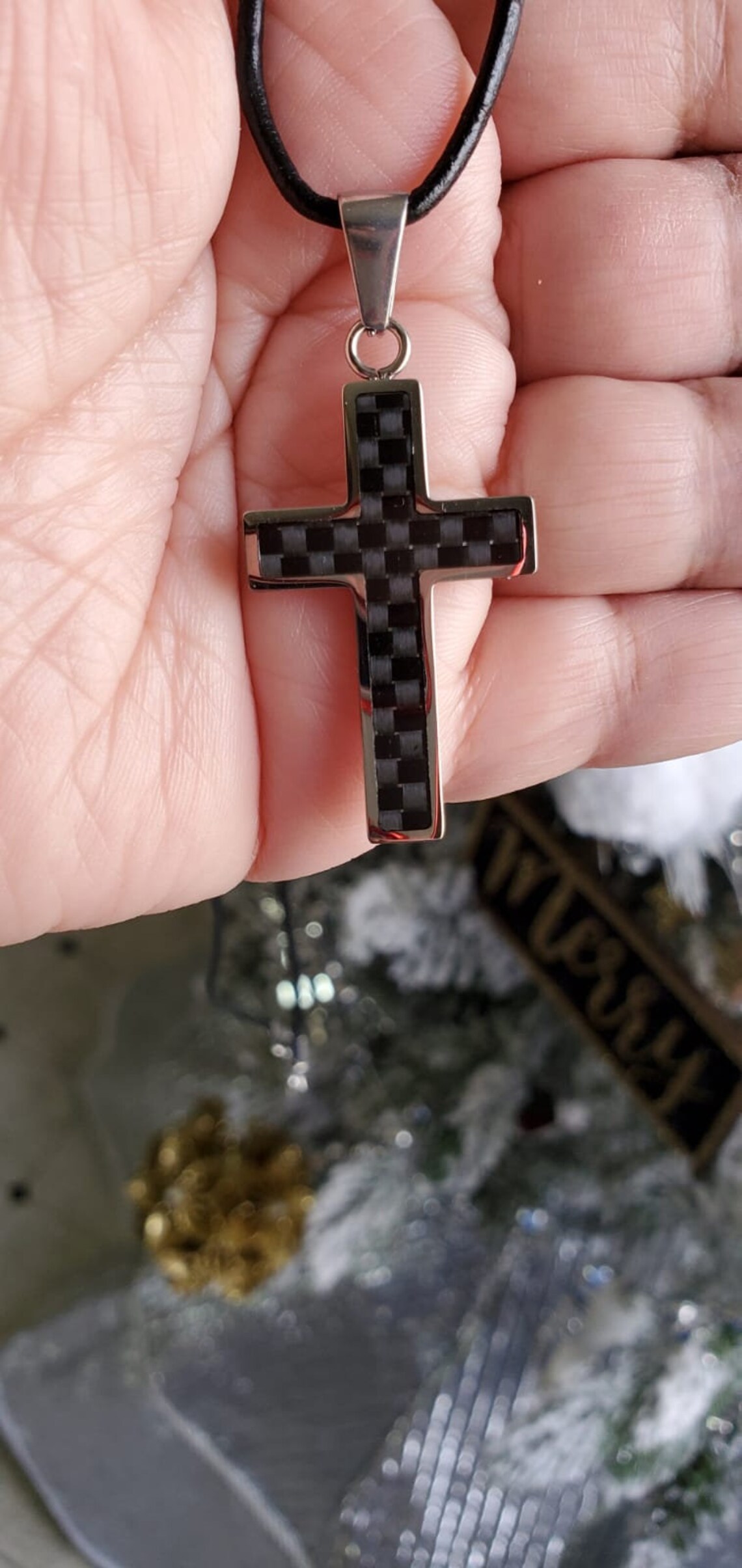Cross Necklace, Carbon Fiber Cross Necklace, Stainless Steel Cross