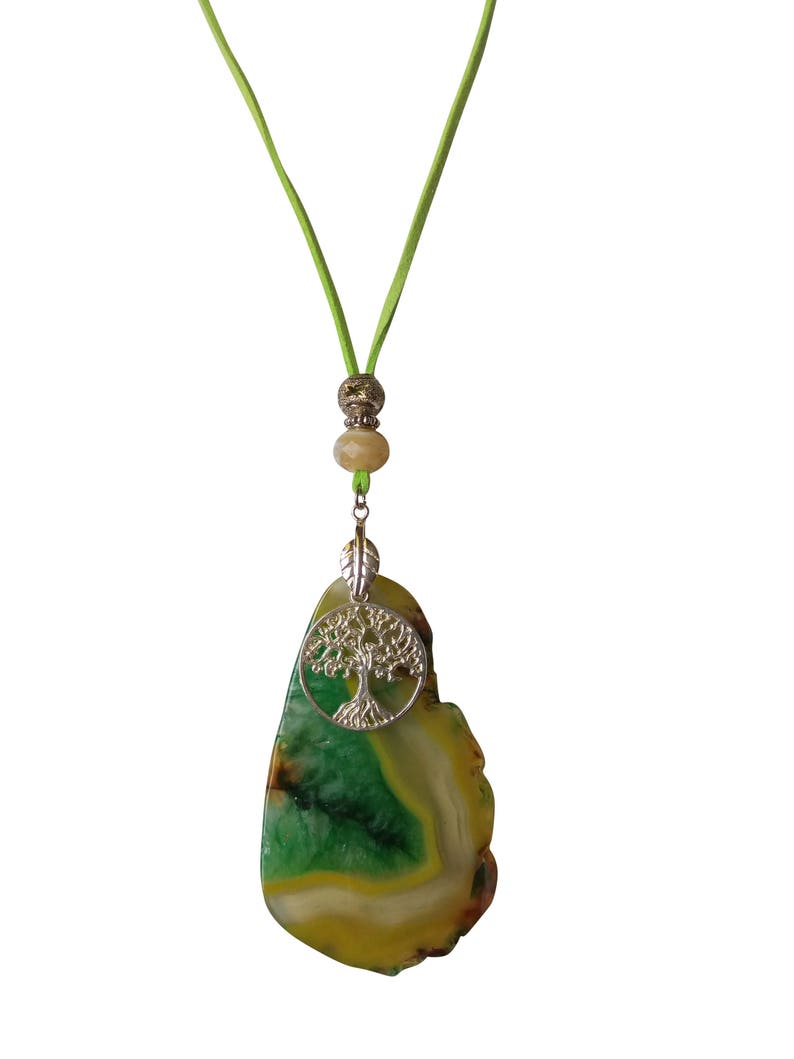 Green Stone Pendant Raw Quartz Natural Agate Slice Necklace