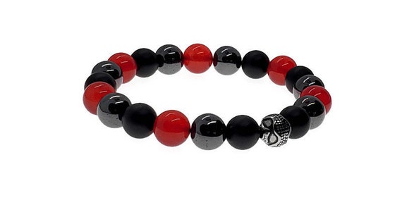 Black and Red Bracelet, Men Bead Bracelet, Stretch Bracelet