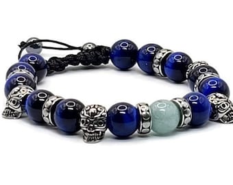 Blue Tiger Eye Bracelet - Bead Skull Bracelet, Punk Jewellery