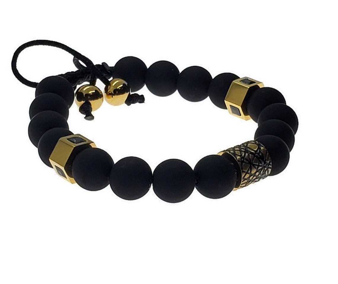Matte Black Stone Bracelet Men Bracelet Black Etsy
