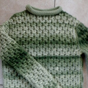 May include: A green and white knitted sweater with a textured pattern. The sweater has a high neck and long sleeves.