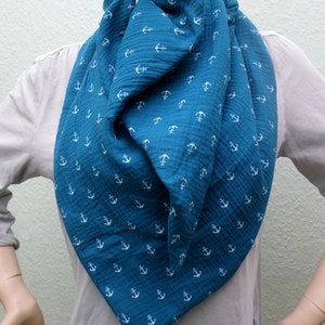 Musselintuch , Halstuch, Schal / Grün Petrol mit weißen Ankern / Musselin Double Gauze/  Dreiecktuch/Schaltuch / Mamatuch / Stilltuch