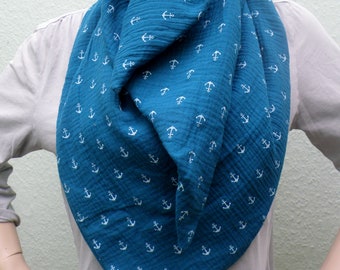 Foulard, foulard, châle en mousseline / Vert pétrole à motifs d'ancres blanches / Mousseline double gaze / Foulard triangulaire / Écharpe / Foulard de maternité / Foulard d'allaitement