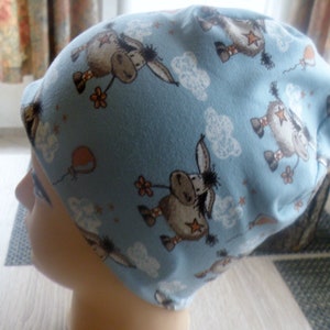 May include: A light blue beanie with a pattern of brown donkeys and white clouds. The donkeys are wearing brown boots and have a star on their sides.