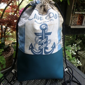 Gym bag, backpack, festival bag, gym bag, canvas and faux leather, lined, maritime