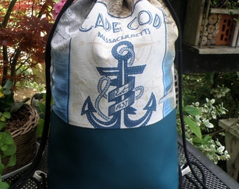 Gym bag, backpack, festival bag, gym bag, canvas and artificial leather, lined, maritime