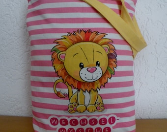 Kindertasche aus Canvas / Lunchbag / Wechselwäsche / personalisierbar / kleiner Löwe / Pink / Weiß / Kindergarten / Schule