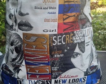 Może przedstawiać: Biała torba typu tote z kolorowym kolażem obrazów i tekstu. Tekst zawiera "Special", "Black and White Fashion", "Street Trends", "Girl", "My Style", "Secret", "Sublimes New Looks" i "FEMMES".