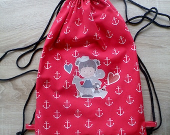 Turnbeutel maritim / Lunchbag / Kinderbeutel / personalisierbar / rot/weiß mit Applikation Ankermädchen / Canvastasche / Beutel - Turnbeutel