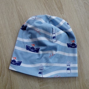 Reversible maritime beanie for boys and girls / head circumference 44 - 49 cm