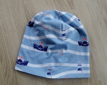 Reversible maritime beanie for boys and girls / head circumference 44 - 49 cm