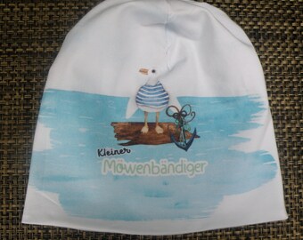 Reversible maritime beanie "Little Seagull Tamer" for boys and girls / can be worn on both sides / head circumference 44 - 47 cm