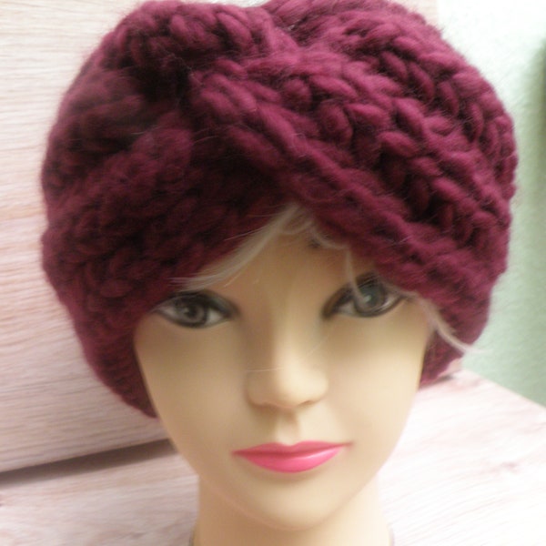 Headband, knot headband, twister, hand knitted, extra thick Meriono wool, Bordeaux