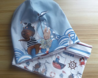 Reversible beanie and loop in a set / maritime / for boys and girls / can be worn on both sides / head circumference 50 - 54 cm / hat / children's beanie