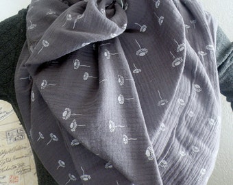 Tela triangular XXL con ojal grande / tela de algodón / gris con margaritas blancas / tela de muselina / tela de interruptor / bufanda cambiante / bufanda