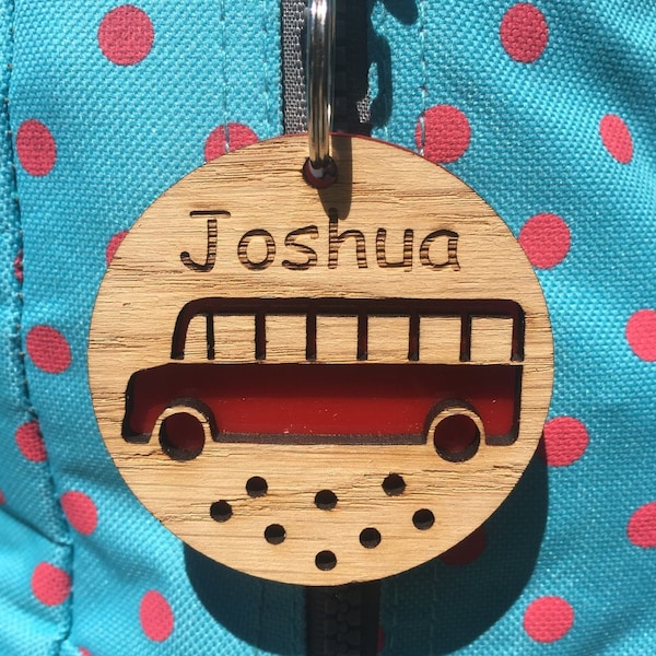 School Bus Bag Tag Bookbag Keyring Personalised Keyring Name Keyring Kids Backpack Name Tag Engraved Bag Tag Back To School Gift